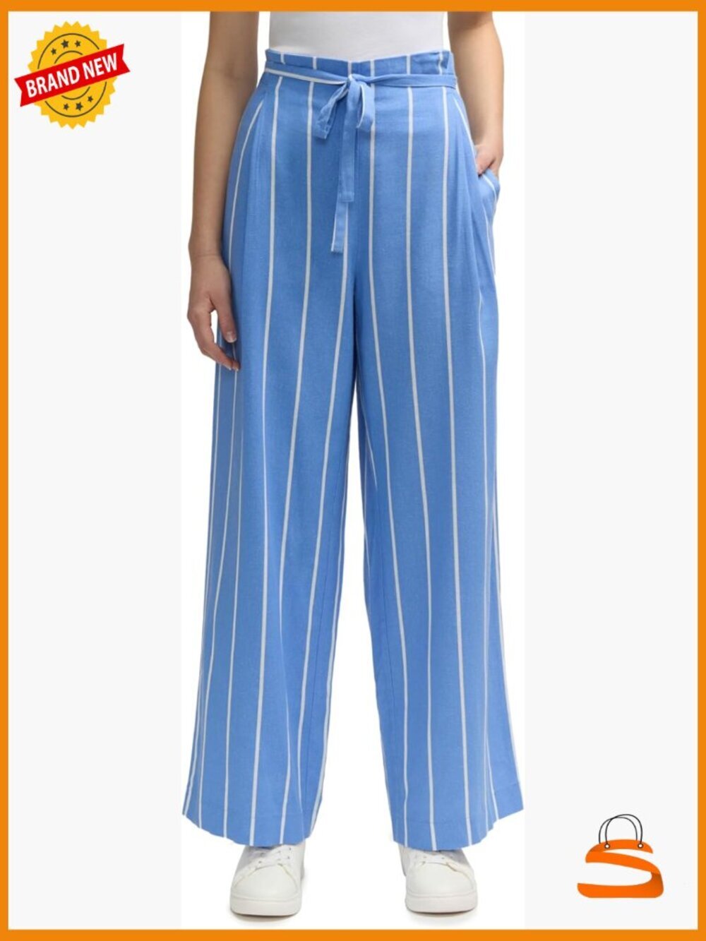 Linen Blend Paper Bag High Waisted Wide Leg Pull On Pants